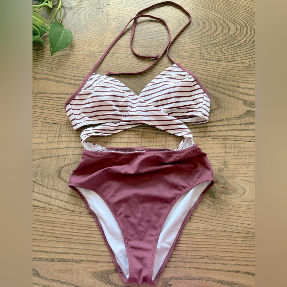 Striped PINK Brand Swimsuit in Burgundy and White